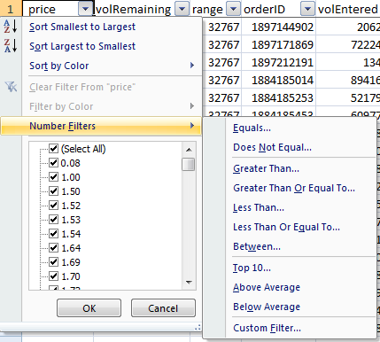 How to insert a number filter in Excel 2007