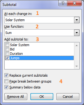 Microsoft Excel Subtotal window