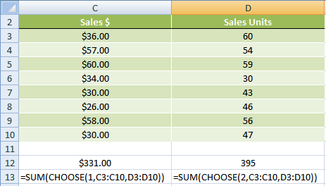 CHOOSE function with SUM