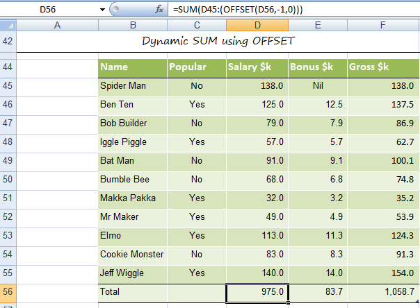 dynamic sum using offset function