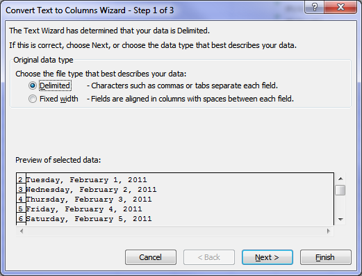Convert Text to Columns Wizard - Step 1 of 3 for dates