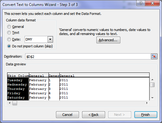 Convert Text to Columns Wizard - Step 3 of 3 for dates