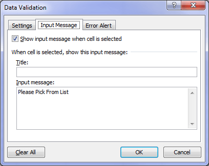 excel drop down list input message