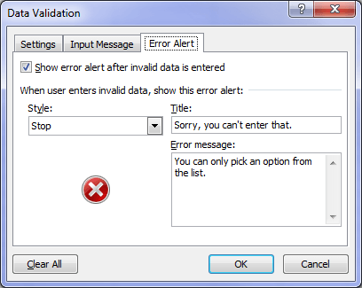 excel drop down list error alert