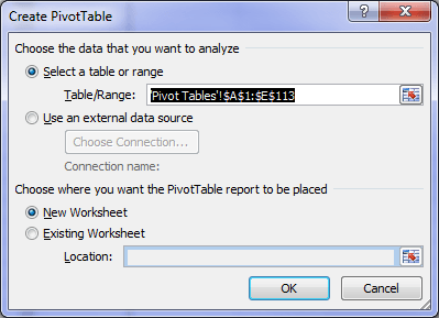 Create Pivot Table dialog box