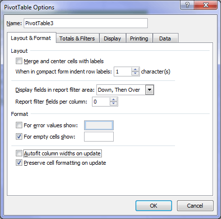 Excel Pivot Table Options