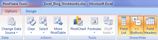 Pivot Table Design and Options tabs