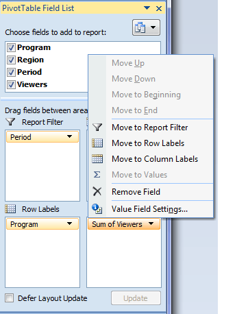 Excel Pivot Table Value Field Settings